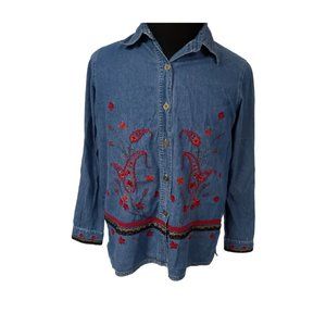 Quizz Again & Co Womens Medium Blue Floral Embroidered Embellished Denim Shirt